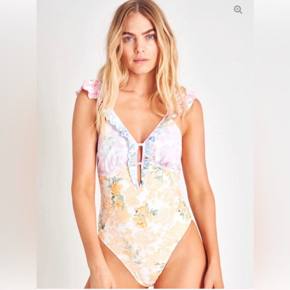 LoveShackFancy Tibbie Rainbow Floral Swimsuit with Ruffles NWT